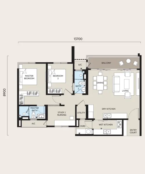 OAKA Type B1 floorplan, 2+1 bedroom 1262 sqft