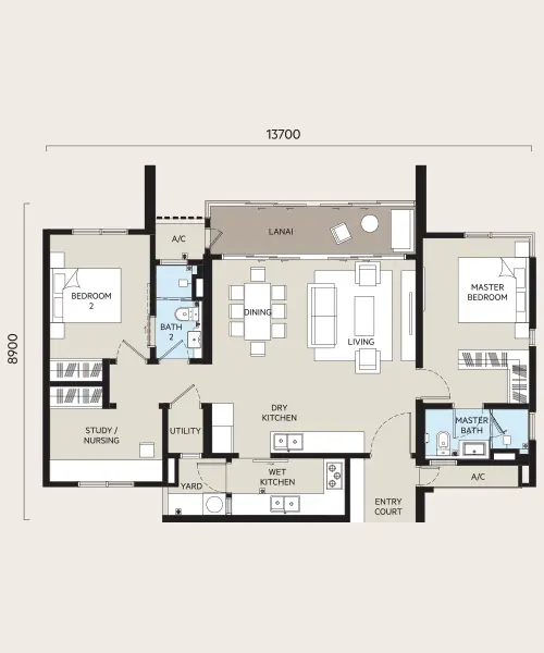 OAKA Type B3 floorplan, 2+1 bedroom 1175 sqft